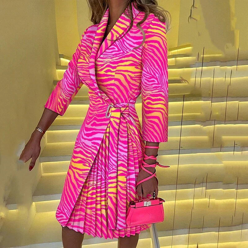 Notched Lapel Wrap Blazer 3/4 Sleeve Belted Pleated Skirt Mini Dress - View 9