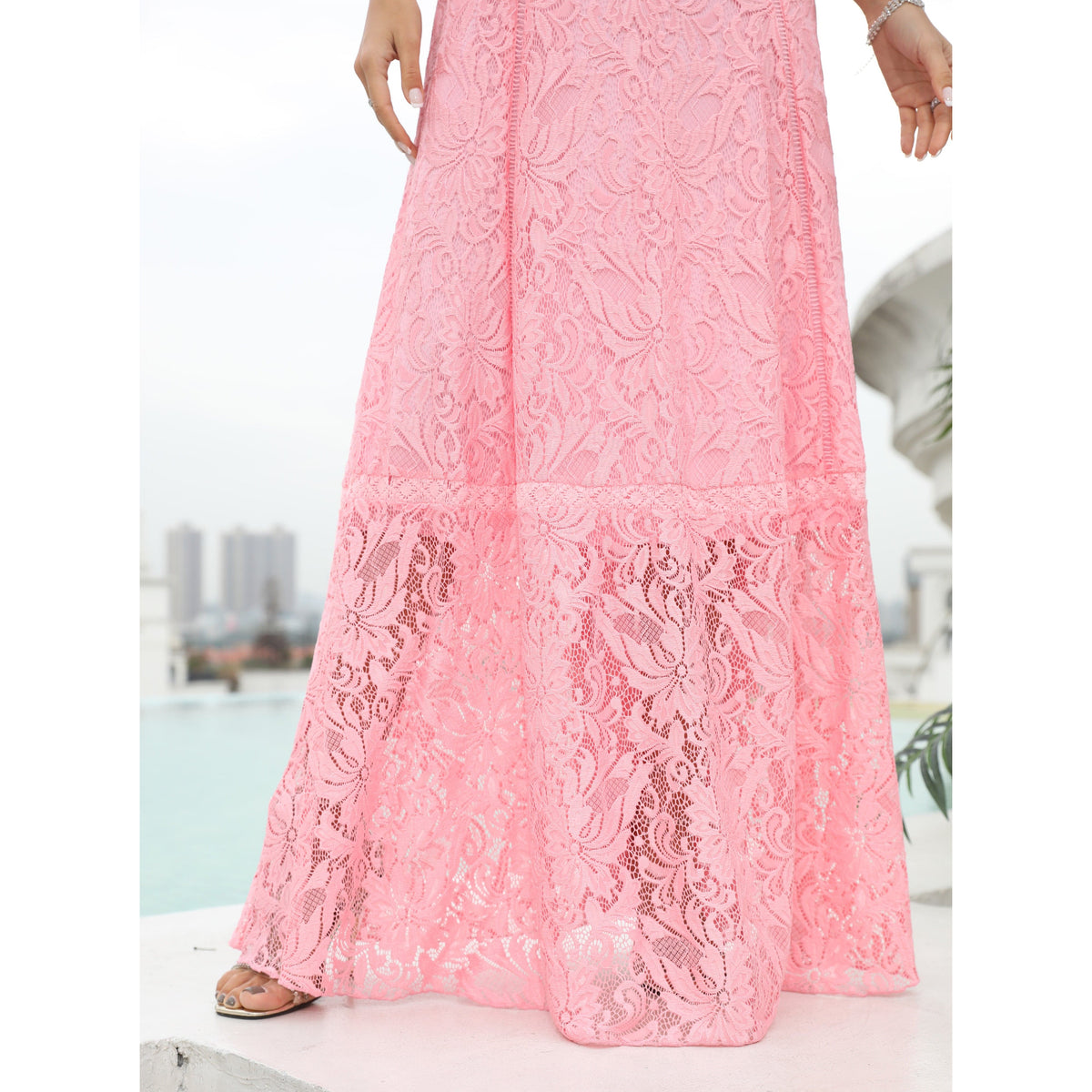 Lace V-Neck Spaghetti Strap Ruffle Trim Eyelet Waist Tiered Maxi Dress - View 5