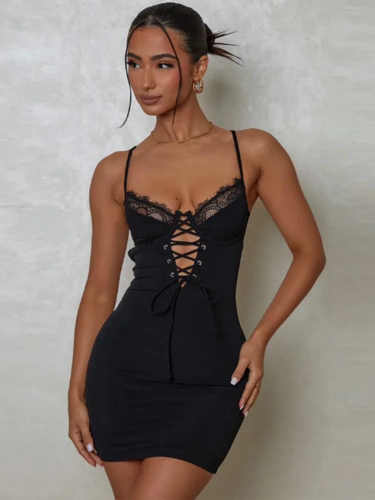 Black Lace Spaghetti Strap Backless Mini Dress Cut Out Dresses - View 2