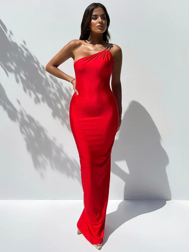 One Shoulder Rhinestone Strap Ruched Bodycon Column Maxi Gown - View 5