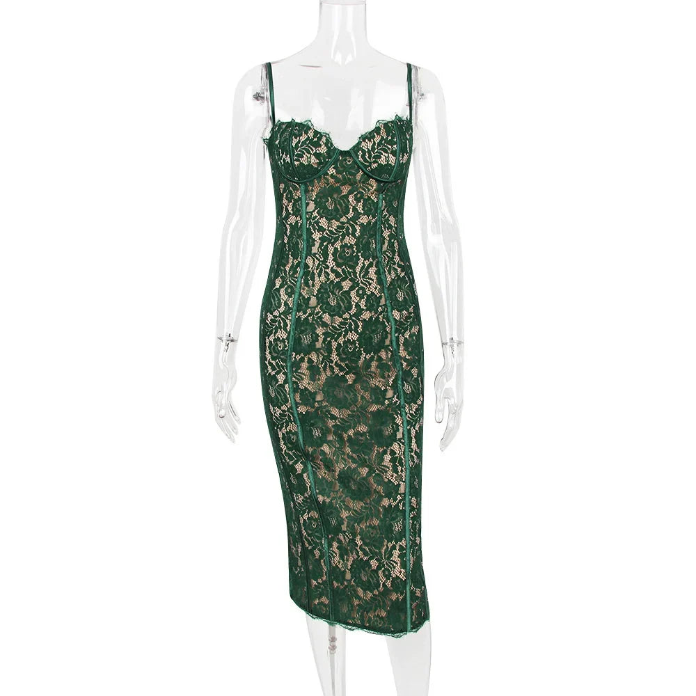 Spaghetti Strap Lace Green Floral Dress - View 7