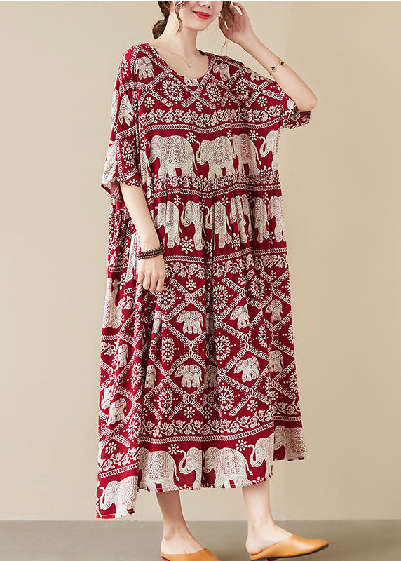 Elephant Print Round Neck Three Quarter Sleeve Maxi Dress - View 2