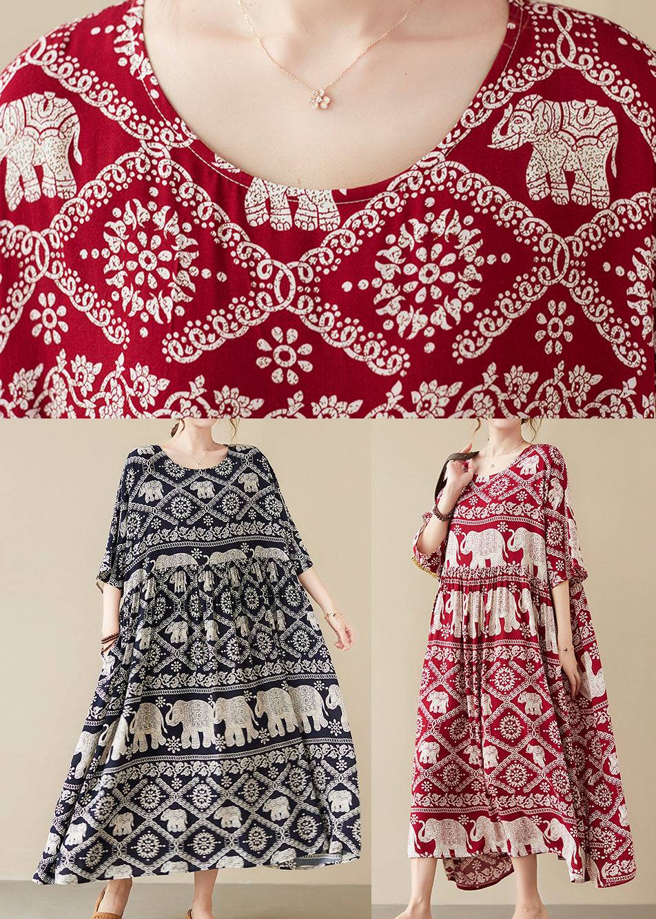 Elephant Print Round Neck Three Quarter Sleeve Maxi Dress - View 5