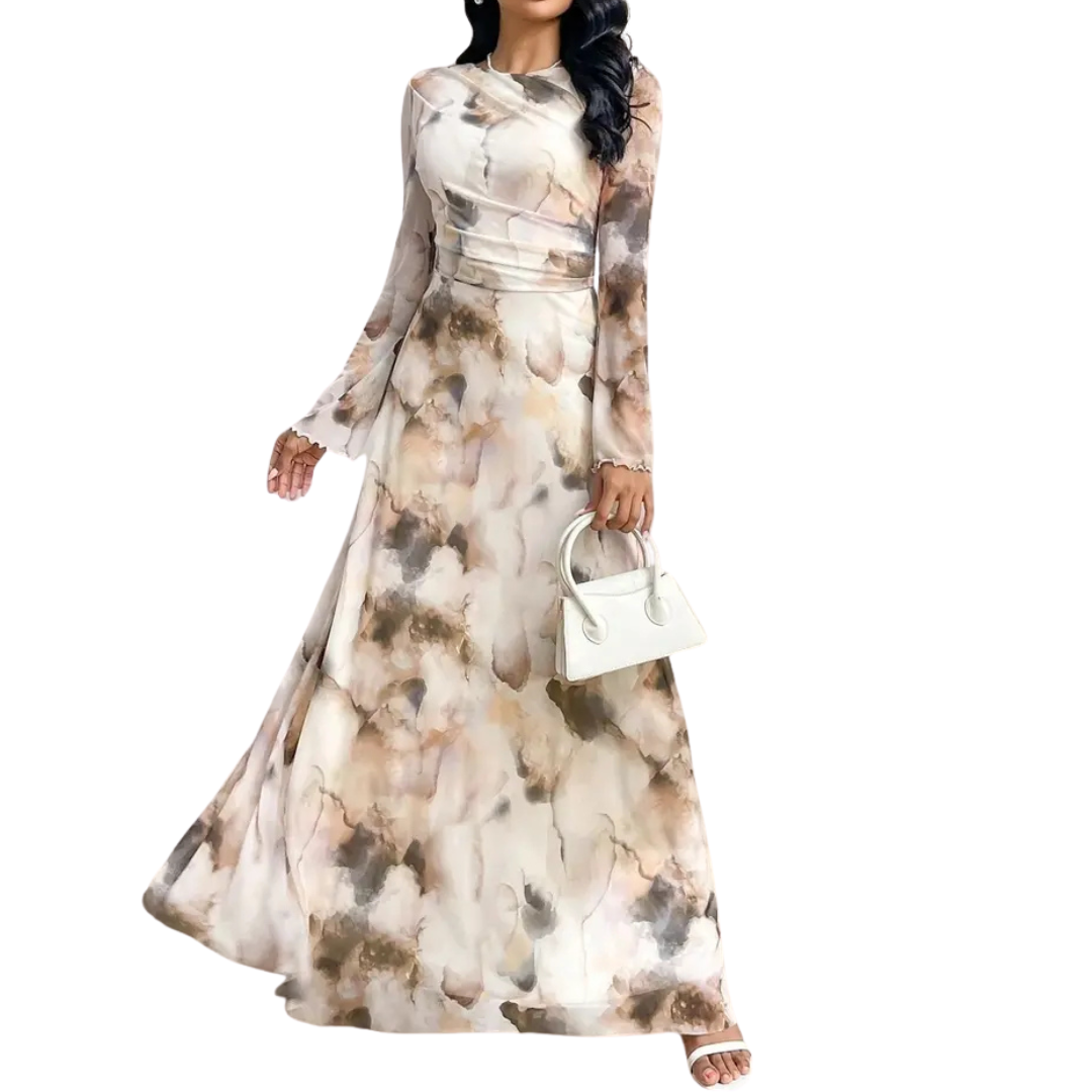 Marble Print Long Sleeve Ruched Waist Maxi Dress