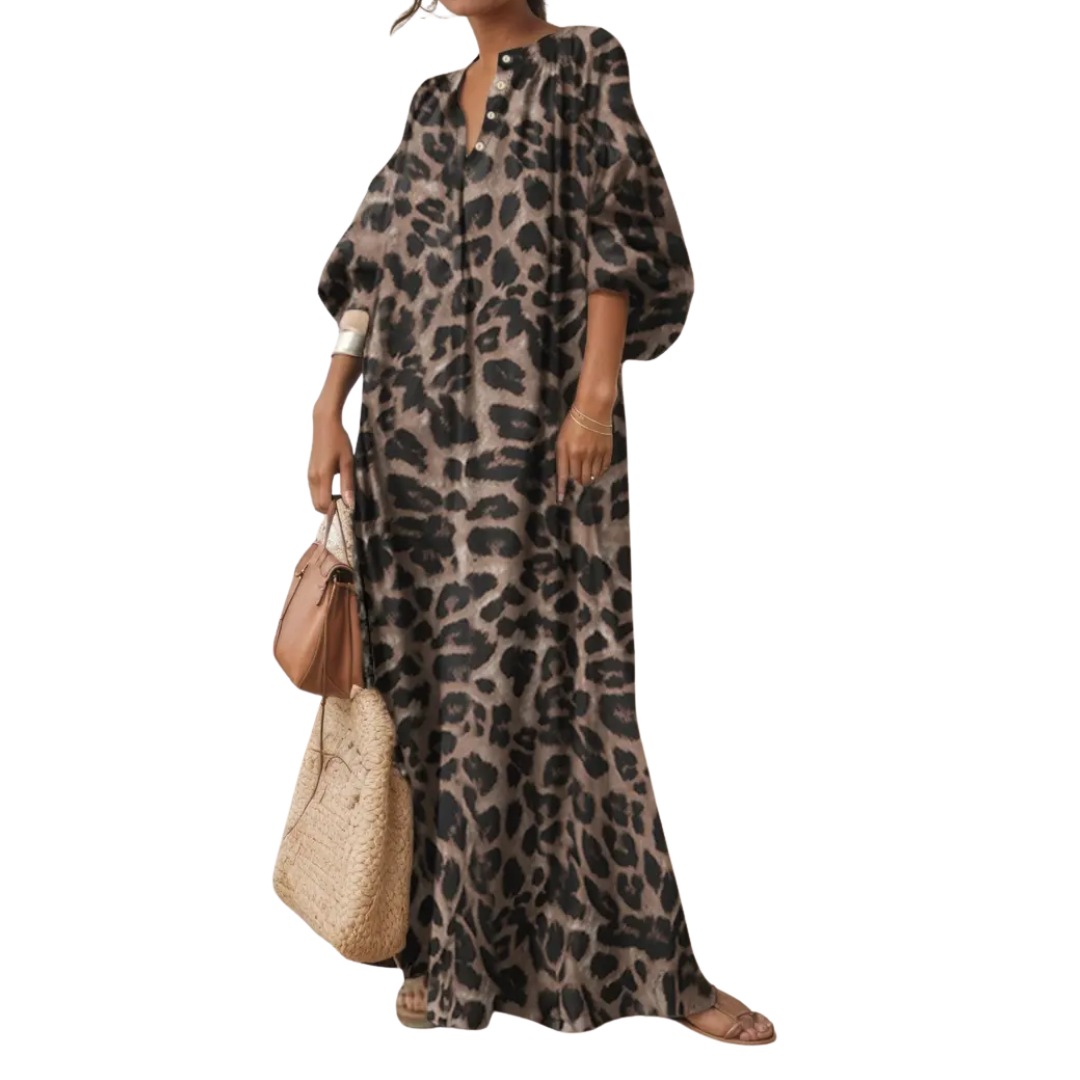Leopard Print Puff Sleeve Maxi Kaftan Dress