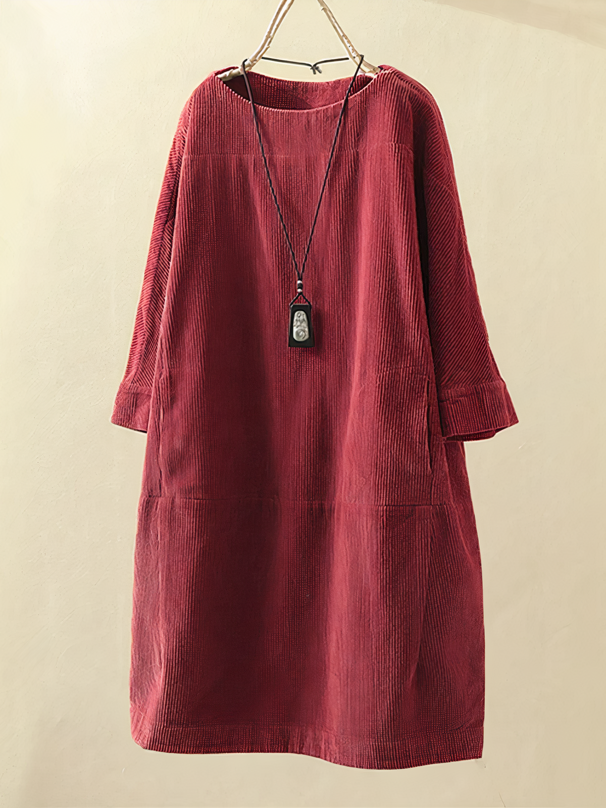 Corduroy Crew Neck Long Sleeve Drop Waist Paneled Shift Midi Dress - View 4