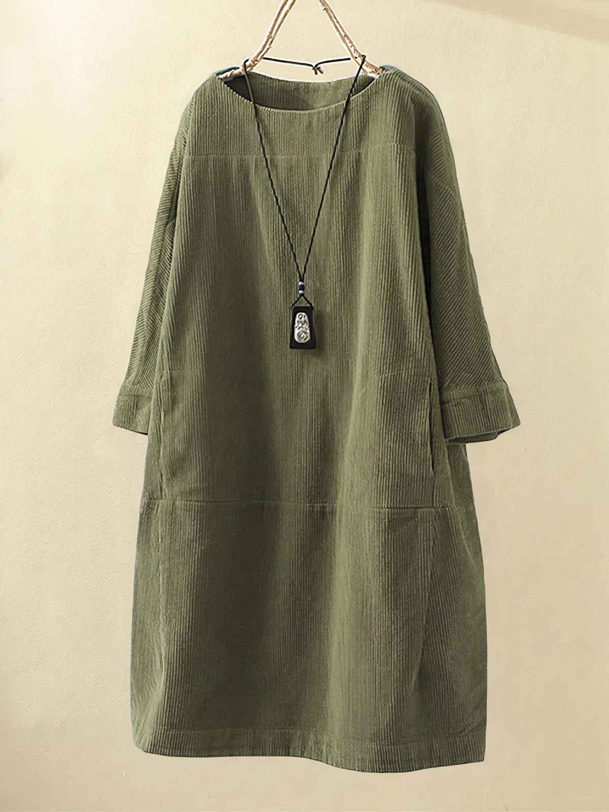Corduroy Crew Neck Long Sleeve Drop Waist Paneled Shift Midi Dress - View 2