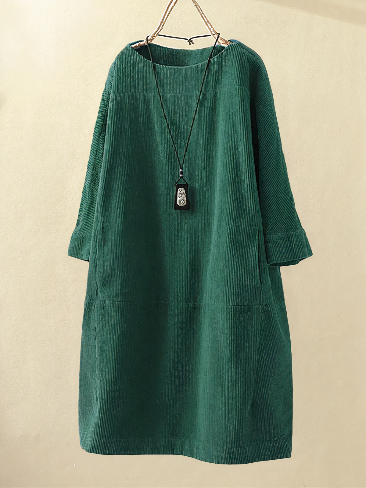 Corduroy Crew Neck Long Sleeve Drop Waist Paneled Shift Midi Dress - View 5