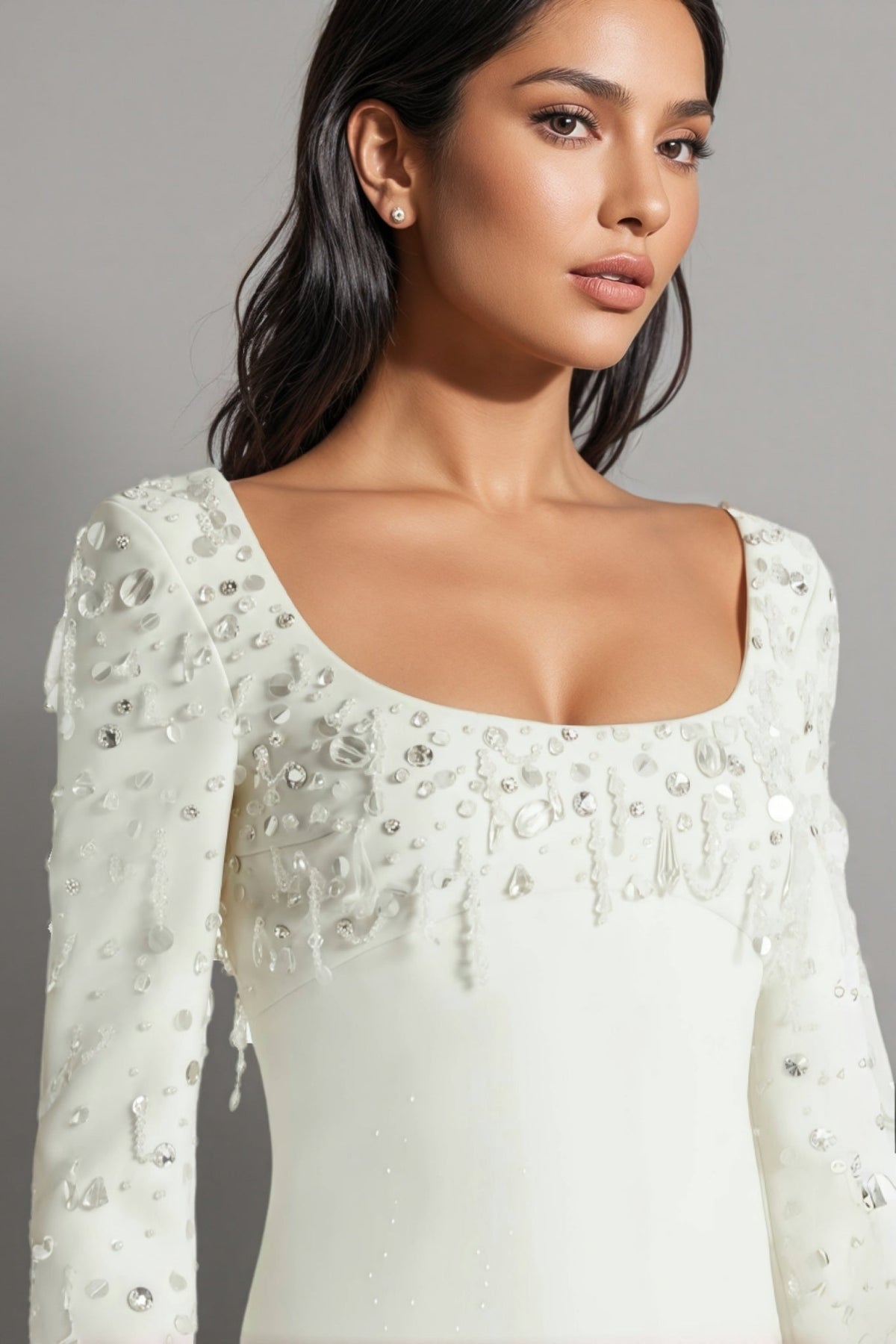 Scoop Neck Long Sleeve Rhinestone Embellished Bodice Mini Dress - View 3