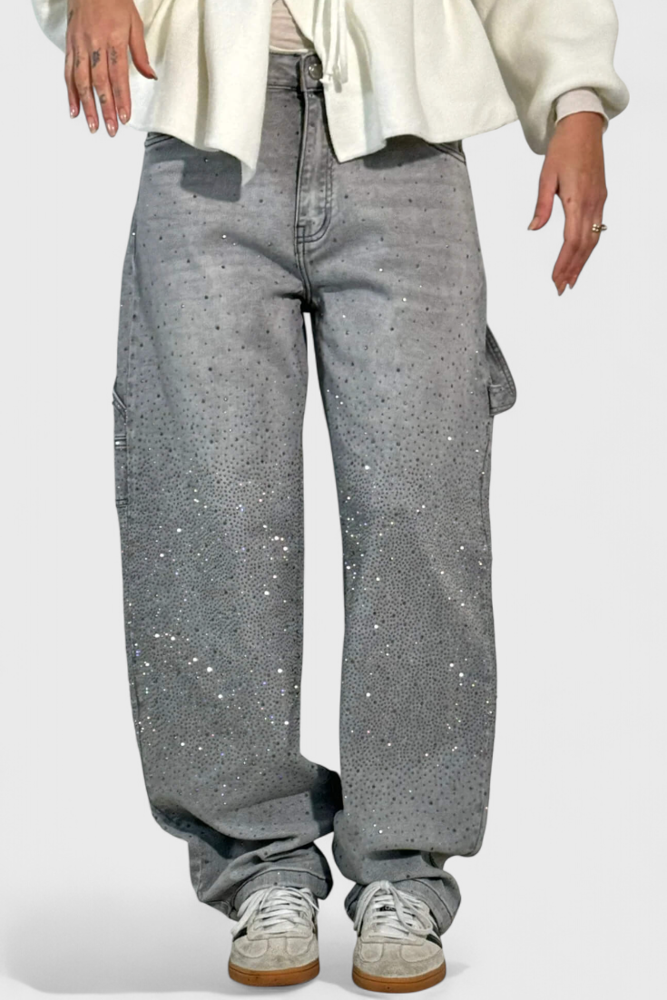 Rhinestone Embellished Wide Leg Cargo Jeans 13
