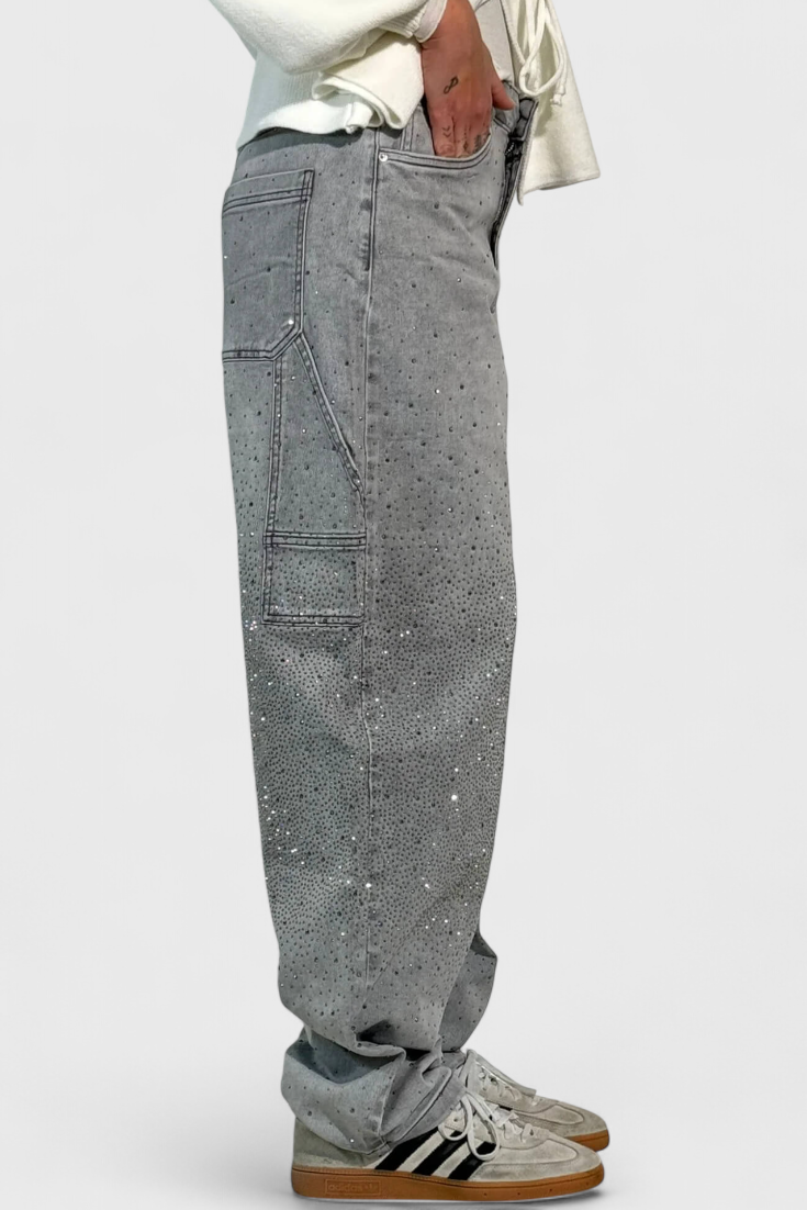 Rhinestone Embellished Wide Leg Cargo Jeans 14