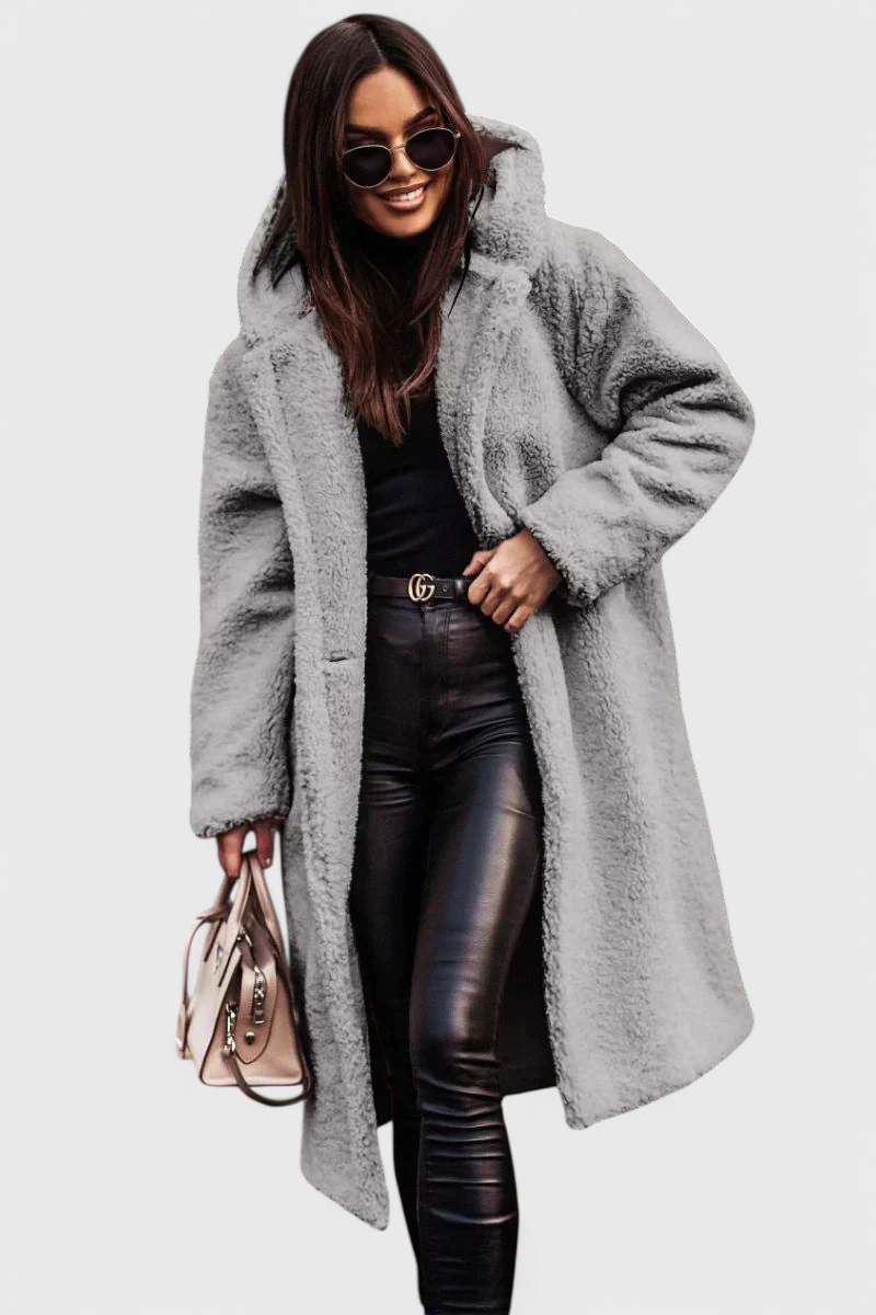 Hooded Teddy Fleece Double Breasted Longline Coat 8