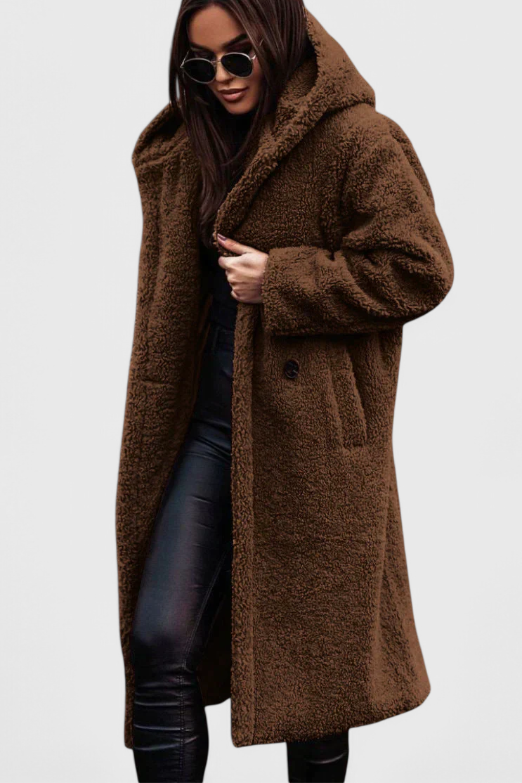 Hooded Teddy Fleece Double Breasted Longline Coat