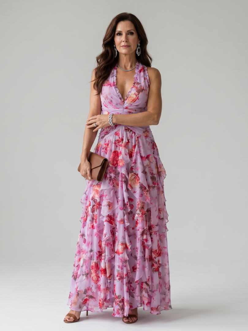 Halter Neck Ruffle Floral Maxi Dress