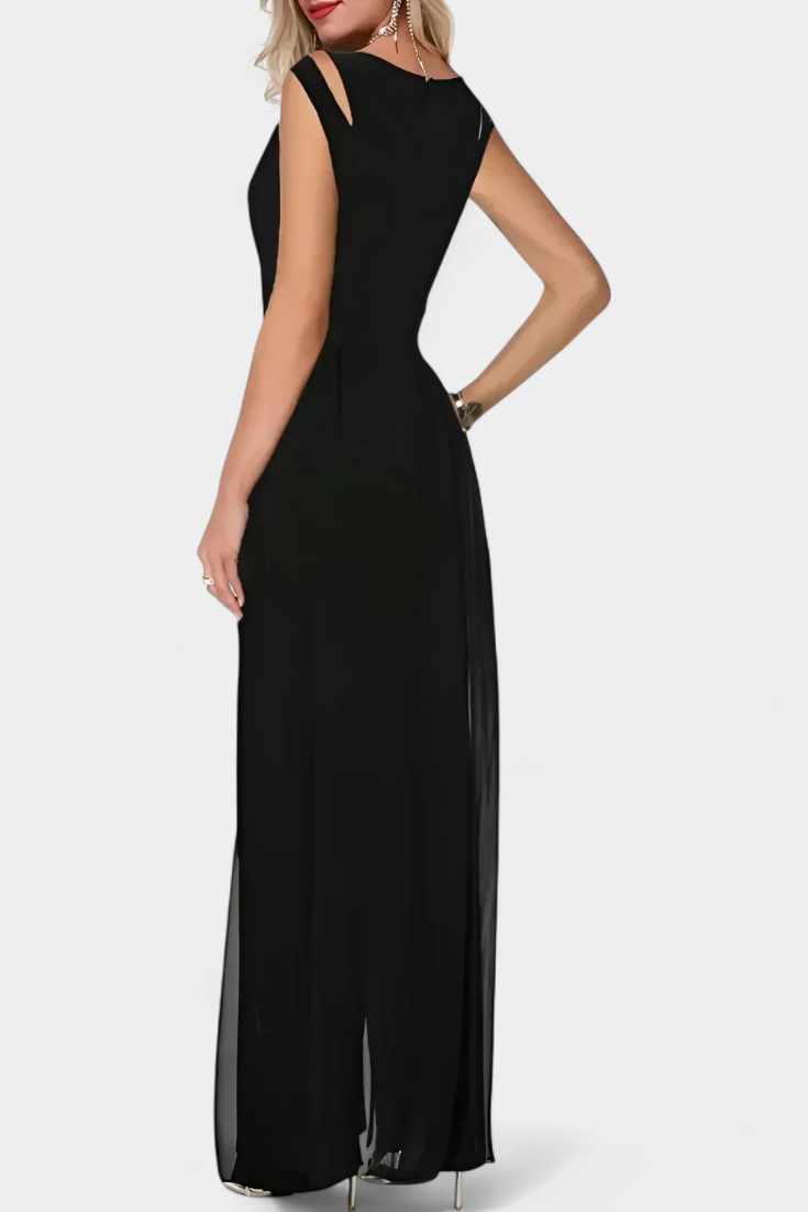 Cut Out Shoulder Sleeveless Chiffon Overlay Wide Leg Jumpsuit 2