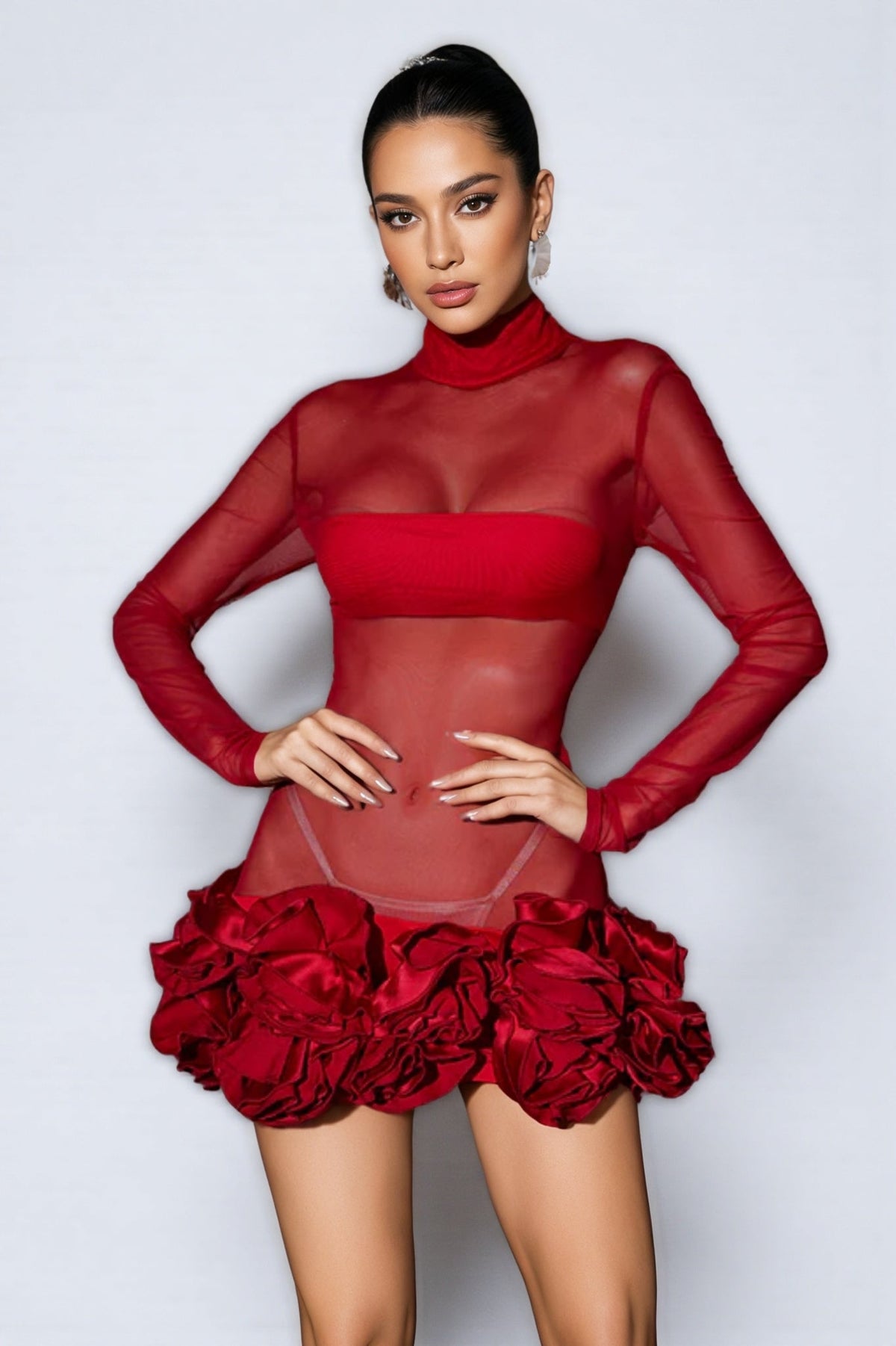 Sheer Mesh High Neck Long Sleeve Rosette Ruffle Hem Mini Dress - View 2