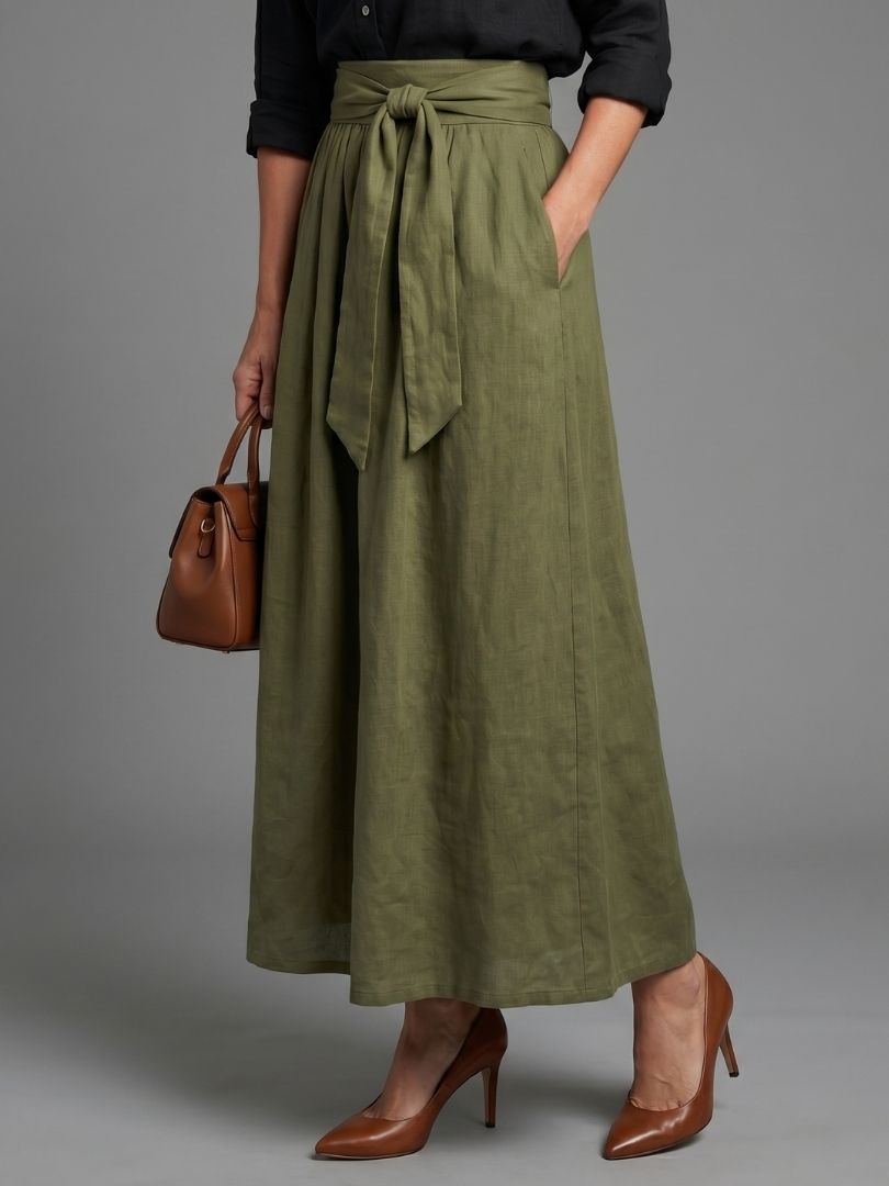 High Waist Tie Front Flared Maxi Skirt 5