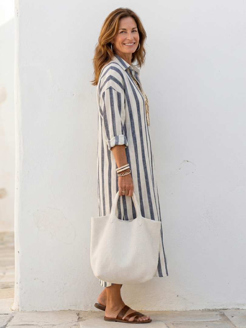 Striped Collared Long Sleeve Button Front Midi Shirt Dress 2