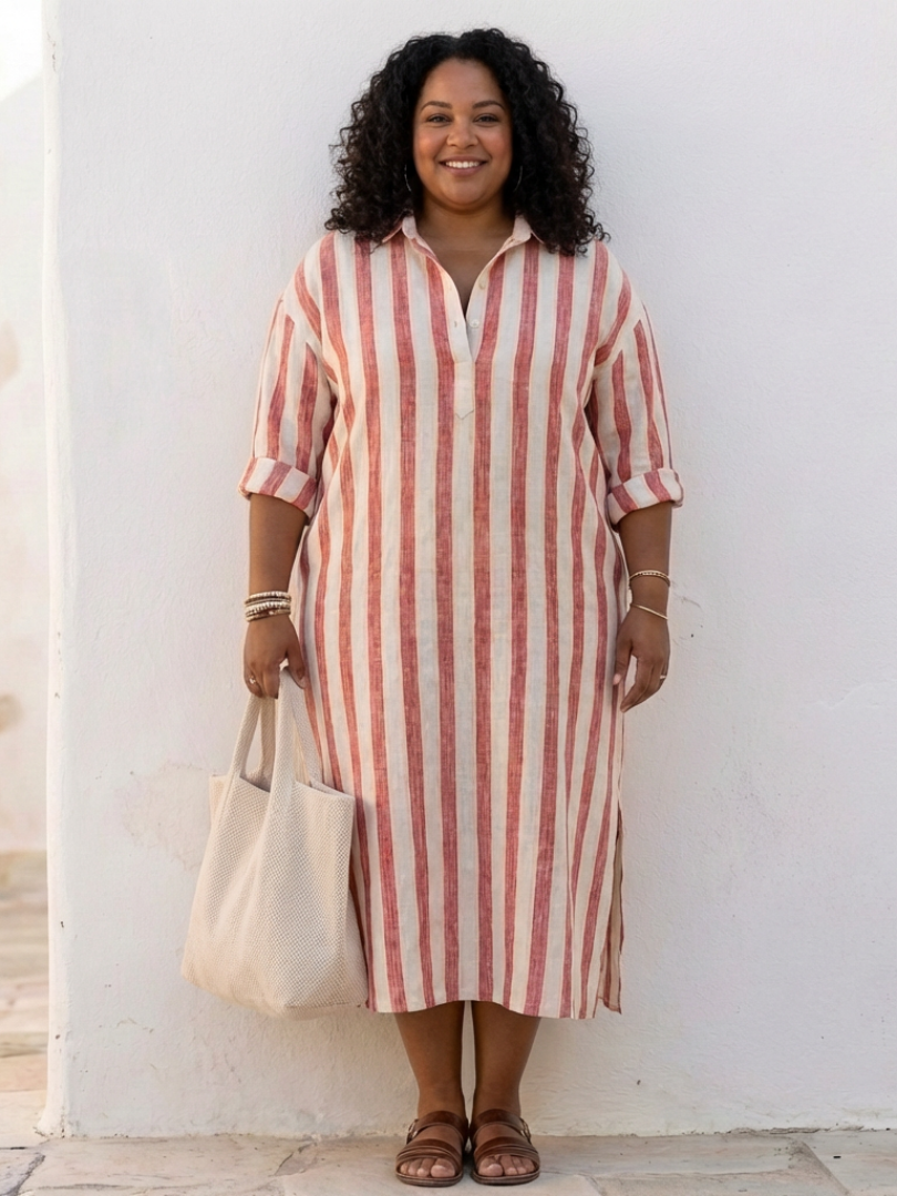 Striped Collared Long Sleeve Button Front Midi Shirt Dress 5