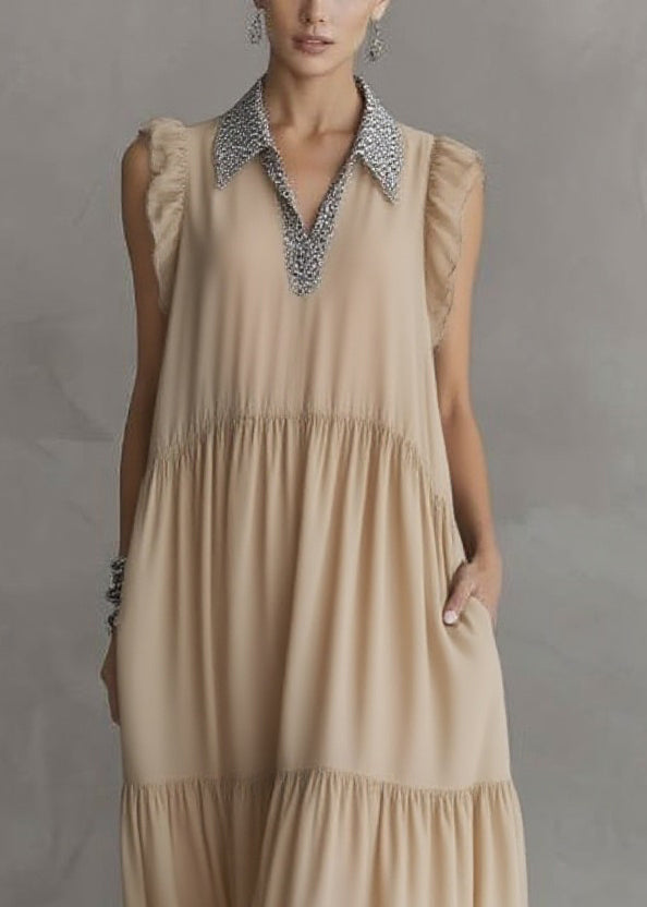 Natural Apricot Peter Pan Collar Ruffled Wrinkled Chiffon Maxi Dresses Summer - View 2