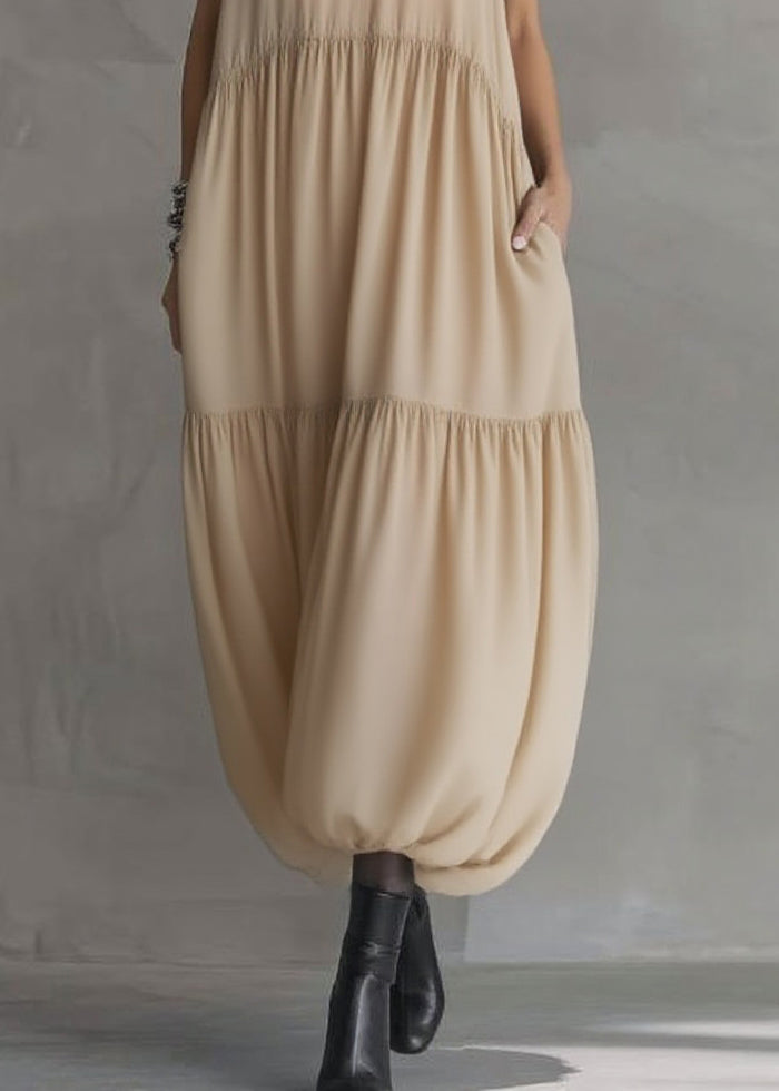 Natural Apricot Peter Pan Collar Ruffled Wrinkled Chiffon Maxi Dresses Summer - View 4