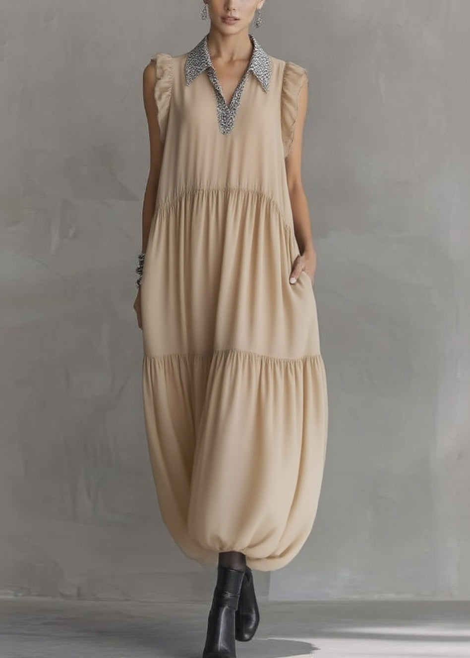 Natural Apricot Peter Pan Collar Ruffled Wrinkled Chiffon Maxi Dresses Summer - View 5