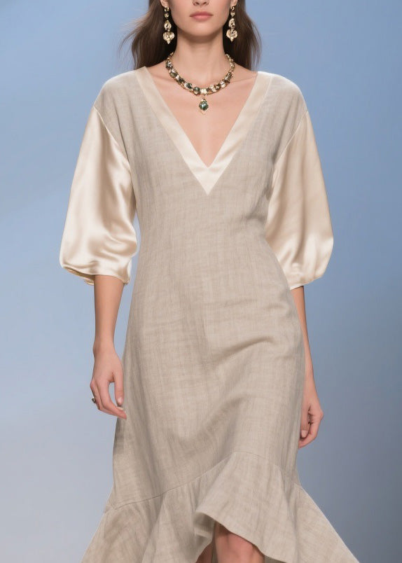Deep V-Neck Puff Sleeve Satin Contrast Woven A-Line Midi Dress - View 2