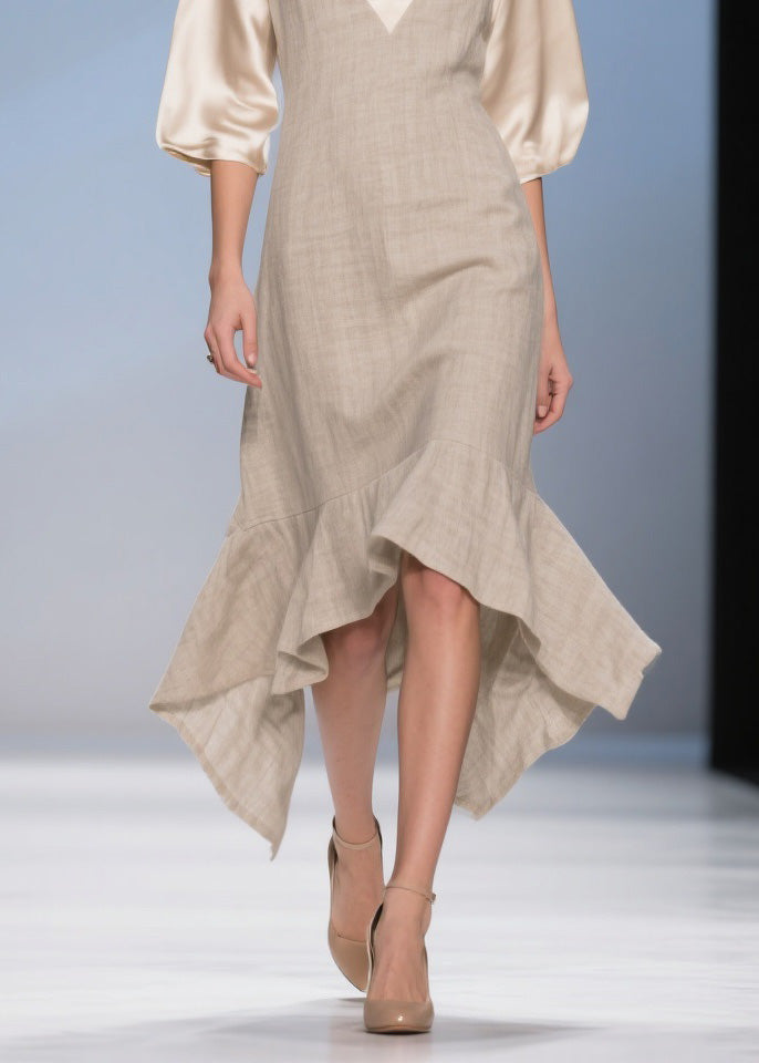 Deep V-Neck Puff Sleeve Satin Contrast Woven A-Line Midi Dress - View 4