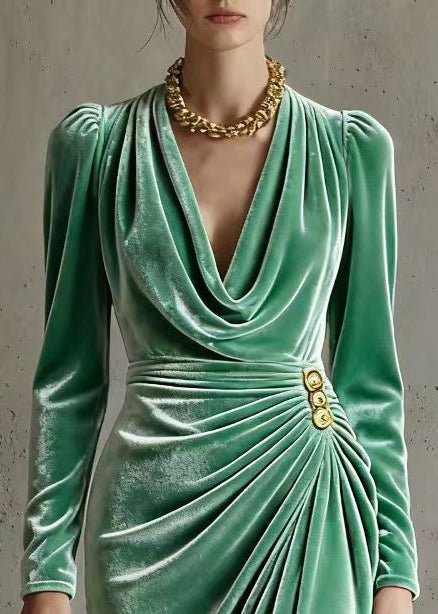 Velvet Cowl Neck Long Sleeve Ruched Button Asymmetric Maxi Gown - View 2