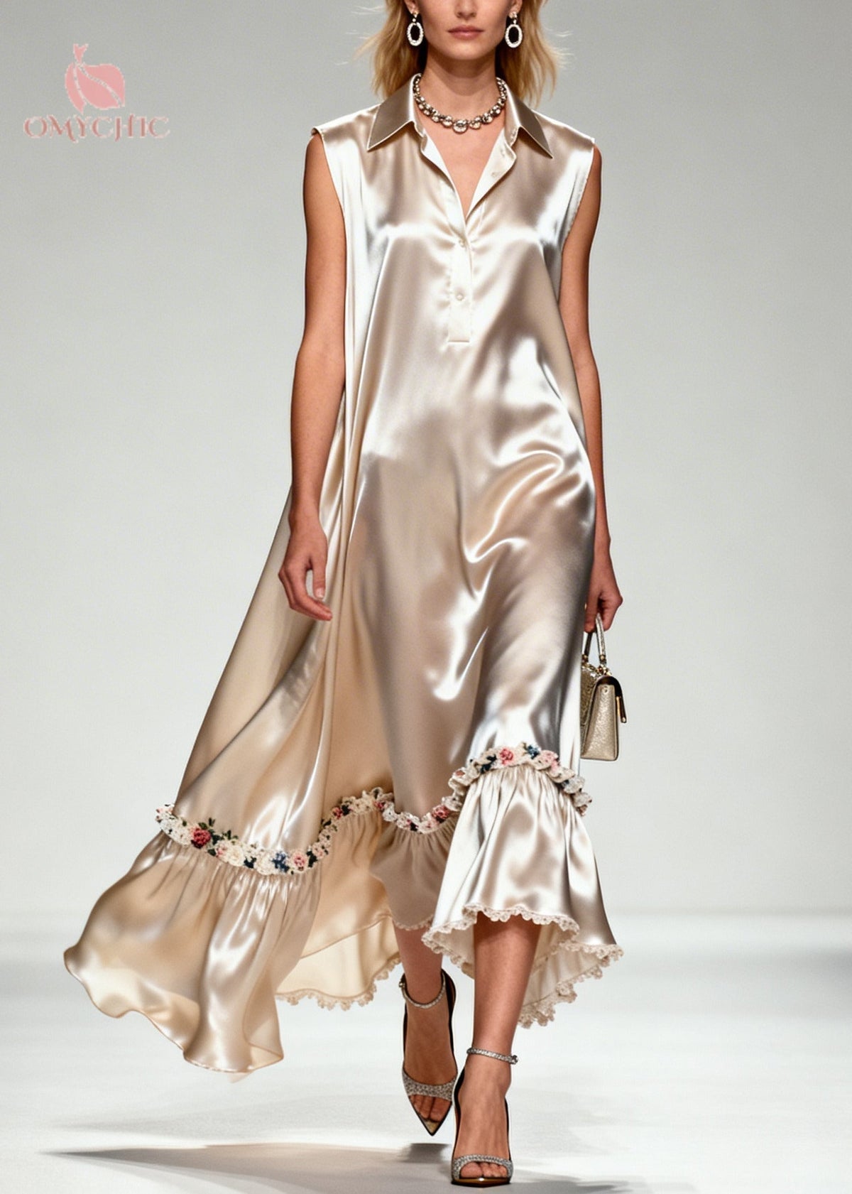 Satin Collar Button Placket Sleeveless Ruffle Hem Maxi Dress