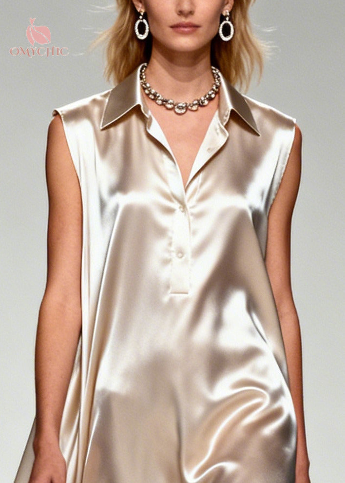 Satin Collar Button Placket Sleeveless Ruffle Hem Maxi Dress - View 2