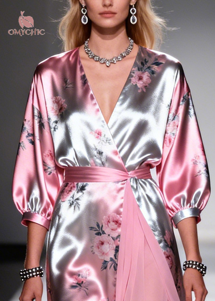 Satin Floral Print Deep V-Neck Puff Sleeve Chiffon Wrap Maxi Gown - View 2