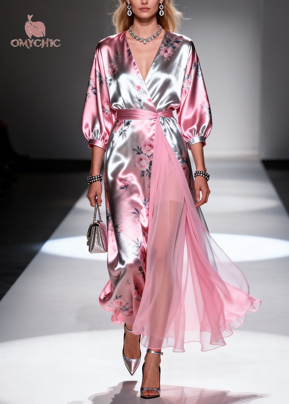 Satin Floral Print Deep V-Neck Puff Sleeve Chiffon Wrap Maxi Gown - View 5