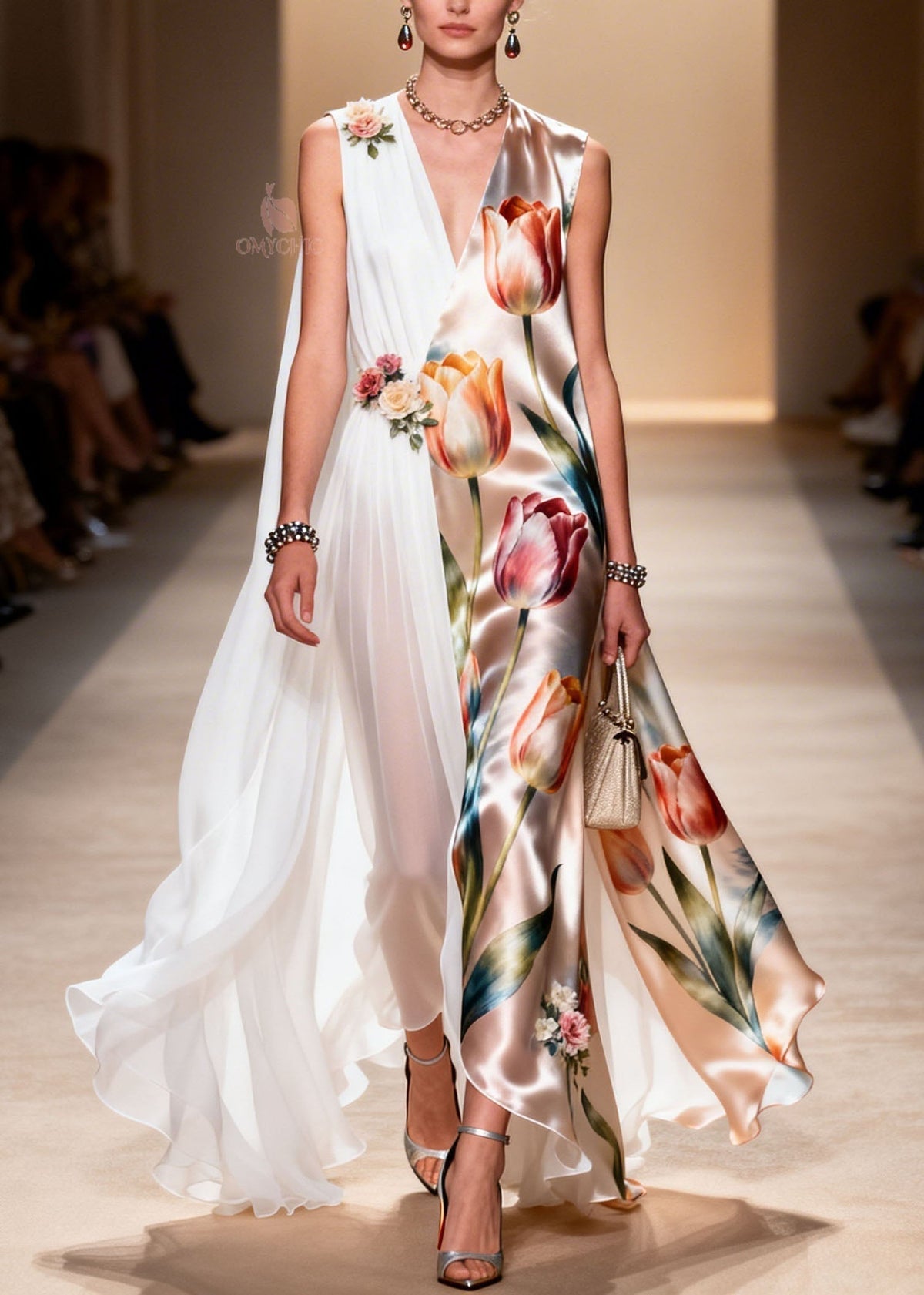 Tulip Floral Satin Chiffon Panel Deep V-Neck Cape Maxi Gown - View 3