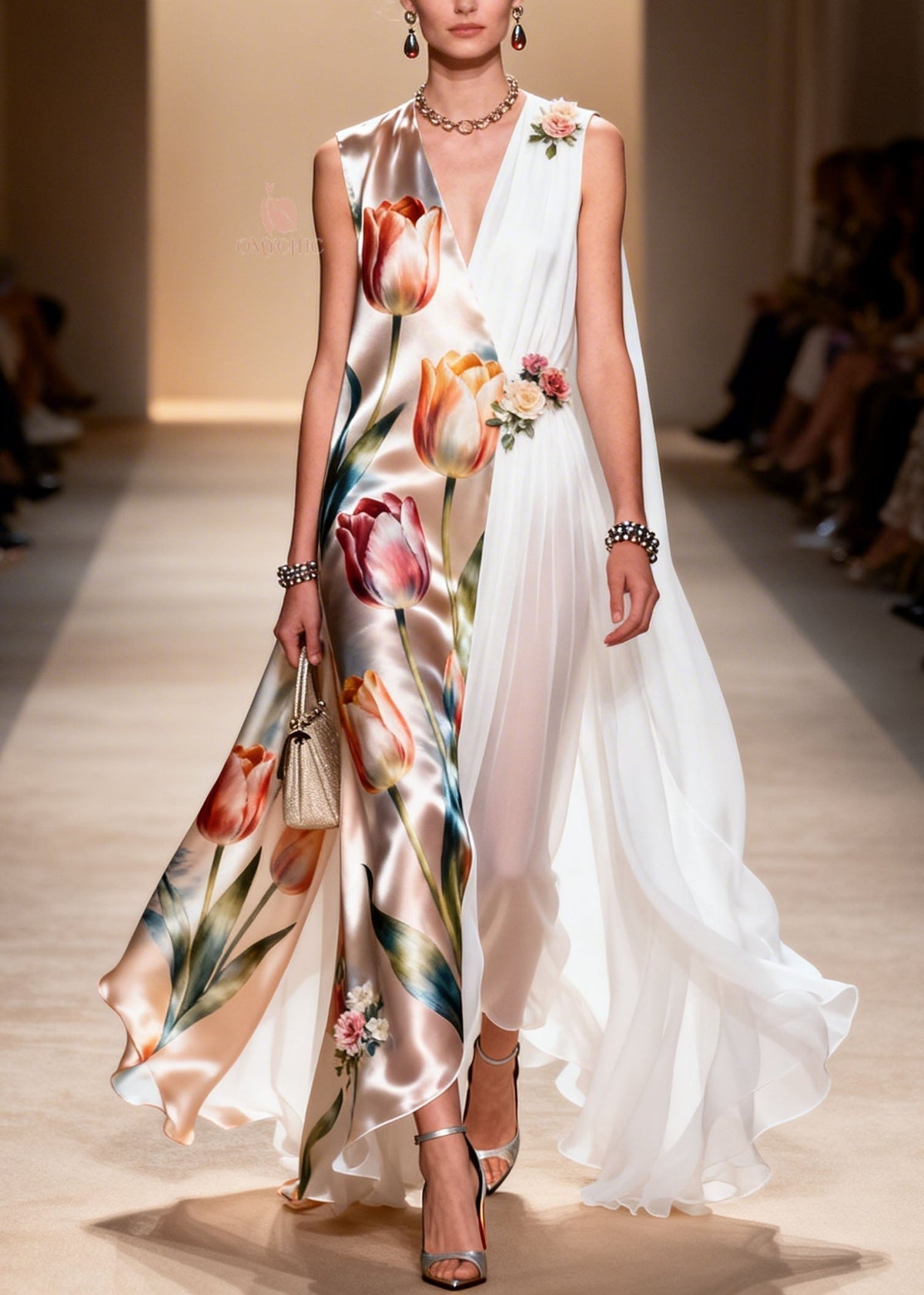 Tulip Floral Satin Chiffon Panel Deep V-Neck Cape Maxi Gown - View 5
