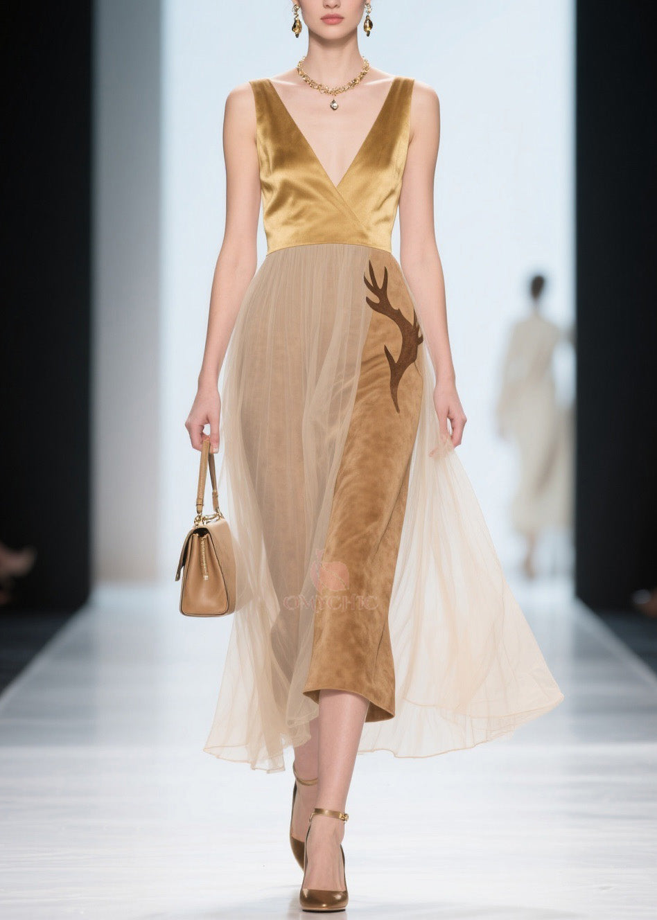 V-Neck Sleeveless Satin Velvet Antler Applique Tulle Midi Dress - View 5