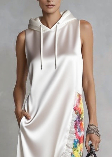Satin Hooded Sleeveless High Split Floral Lining Maxi Dress - View 2