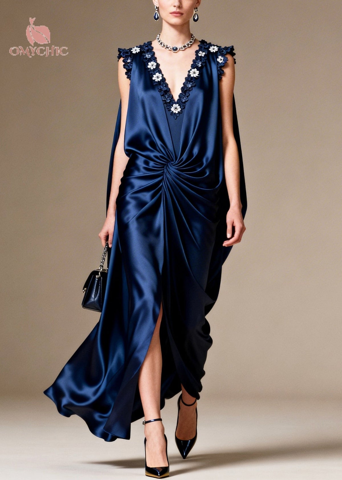 Sleeveless Deep V-Neck Floral Applique Twisted Waist Cape Gown - View 3