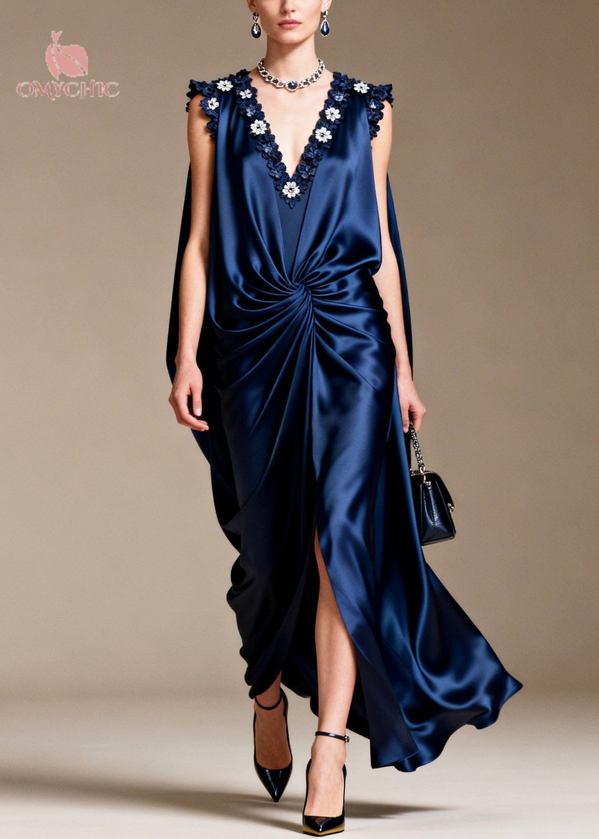 Sleeveless Deep V-Neck Floral Applique Twisted Waist Cape Gown - View 5