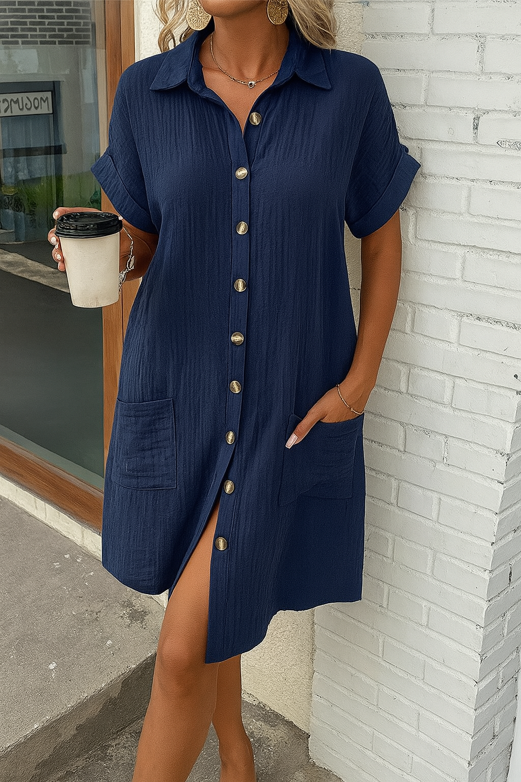 Textured Gauze Button Front Short Sleeve Shirt Dress 17