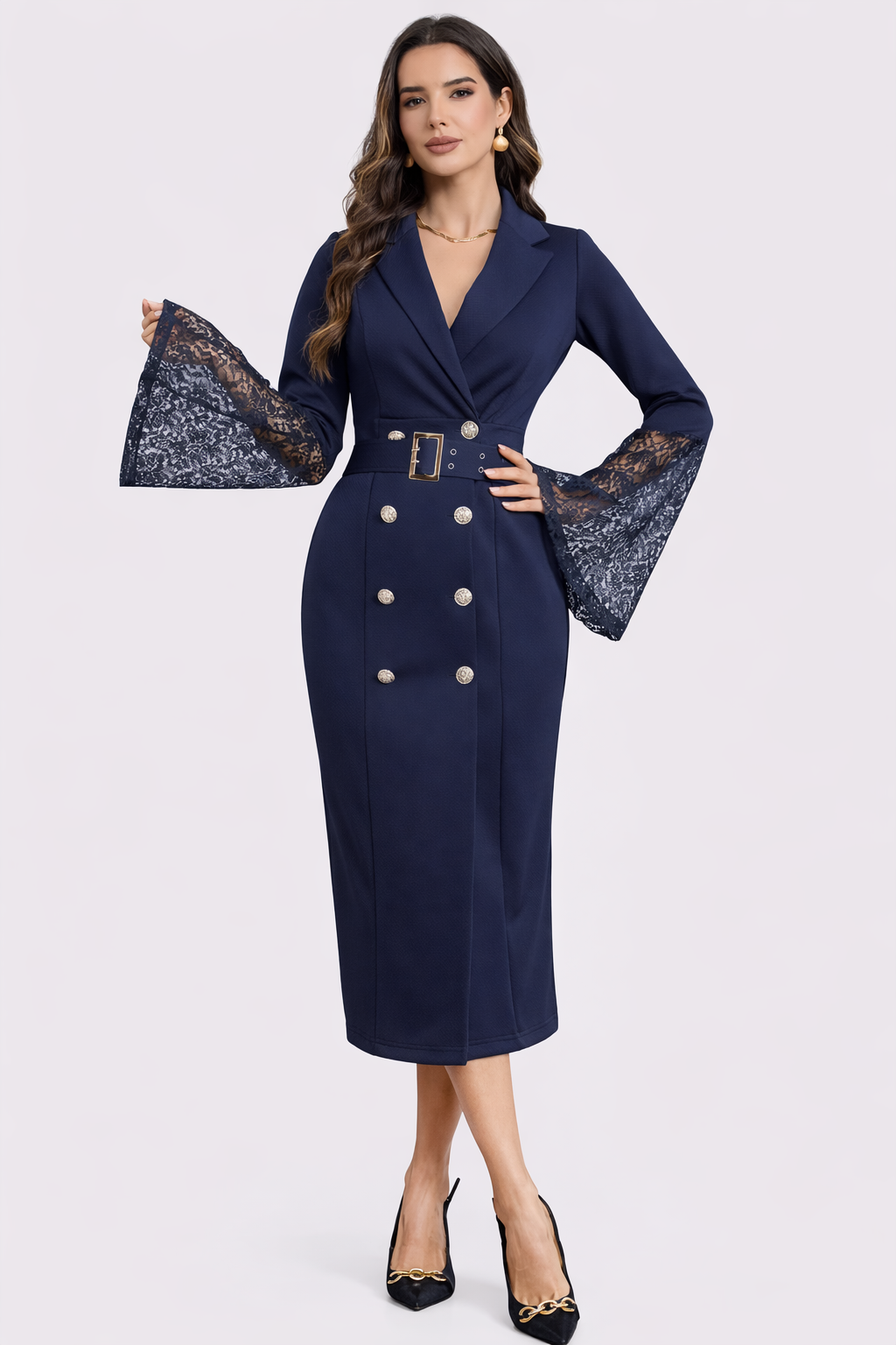 Double Breasted Belted Lace Bell Sleeve Blazer Midi Dress 3