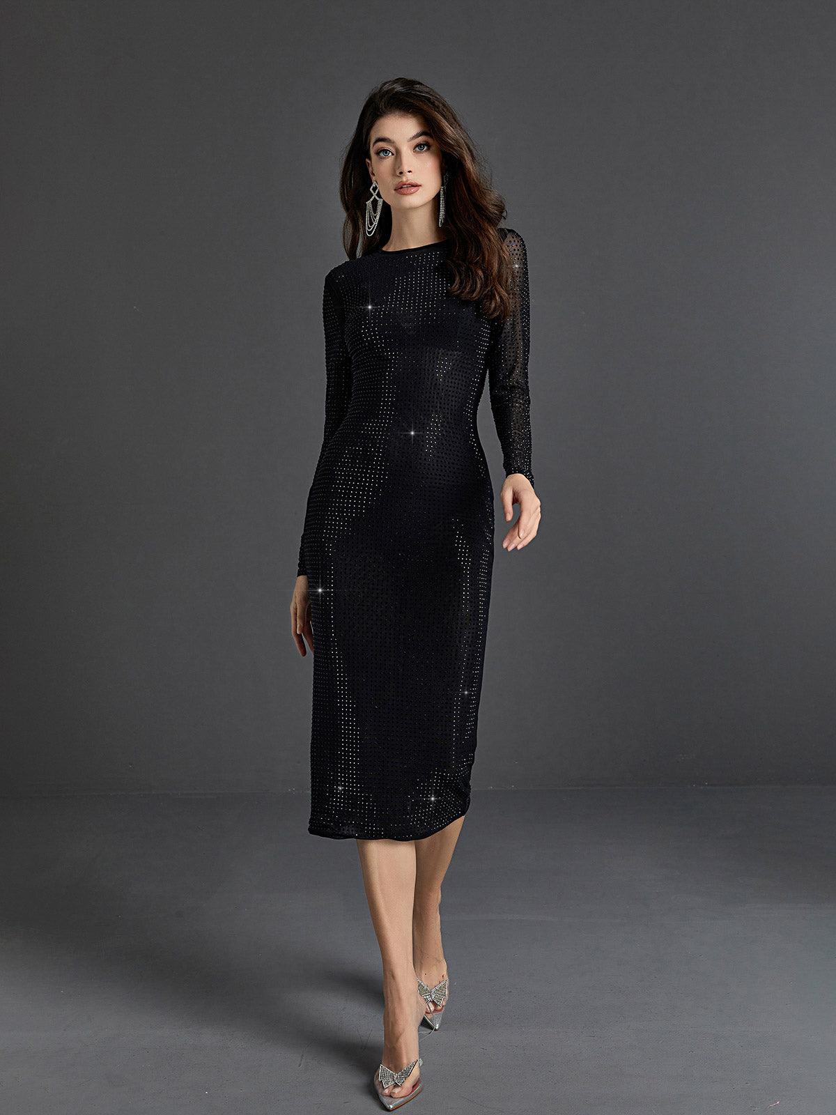 Rhinestone Round Neck Long Sleeve Bodycon Midi Dress - View 2