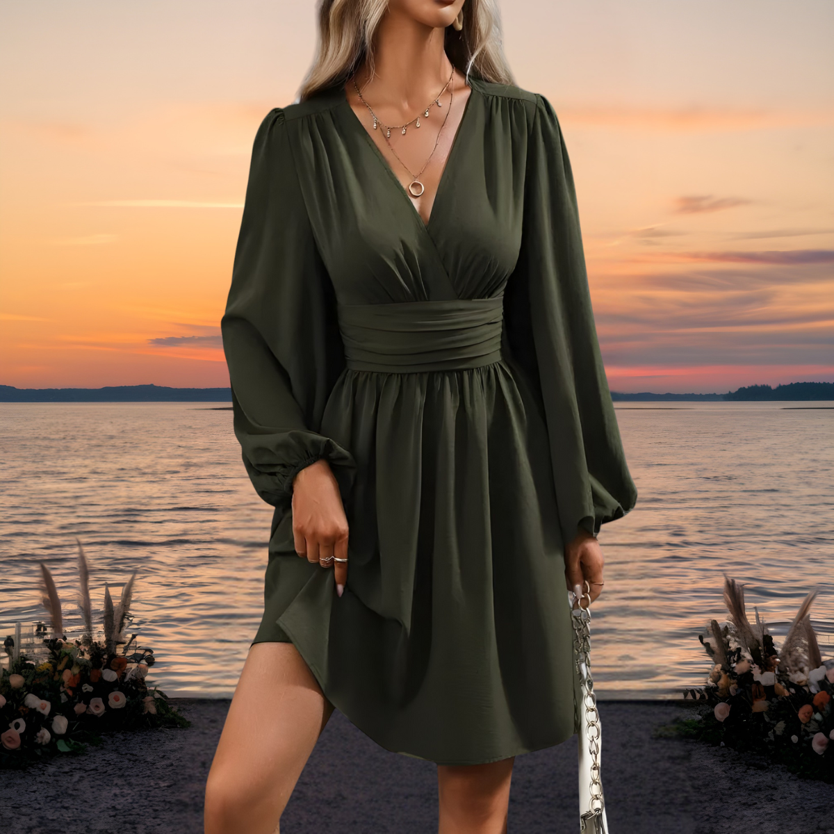 V-Neck Long Sleeve Ruched Waist Wrap Mini Dress 2