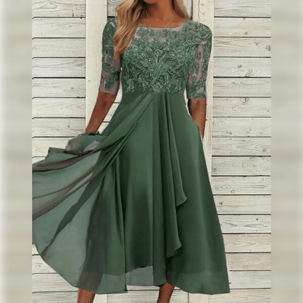 Lace Embroidered Sheer Sleeve Round Neck Draped Tier Midi Dress - View 2