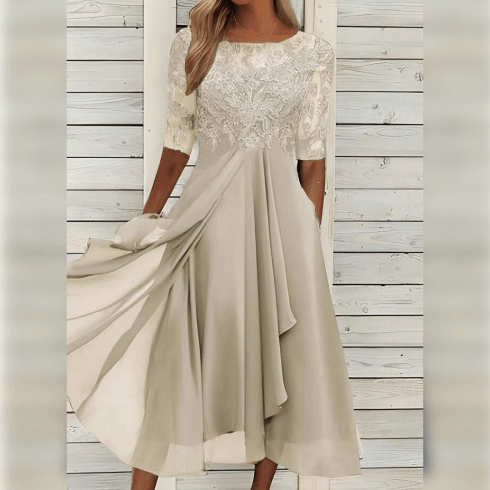 Lace Embroidered Sheer Sleeve Round Neck Draped Tier Midi Dress - View 8