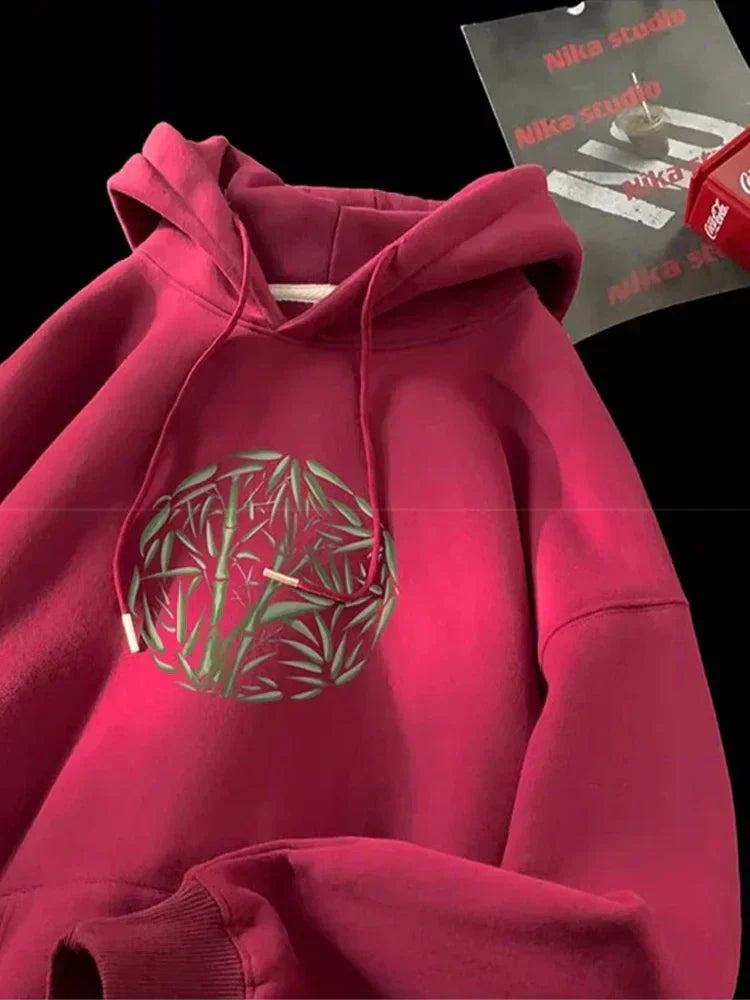 Bamboo Pattern Print Casual Y2K Hoodie Red / M(40-45KG)
