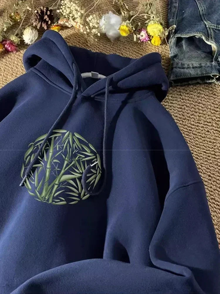 Bamboo Pattern Print Casual Y2K Hoodie Navy Blue / M(40-45KG)