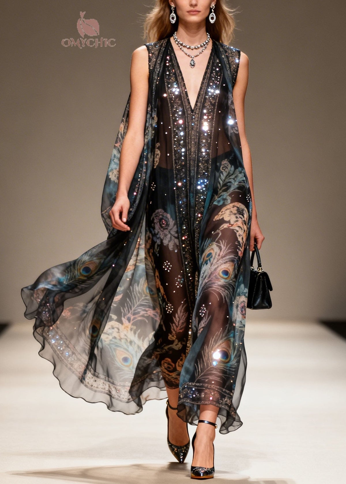 Sequin Chiffon Peacock Floral Print Deep V-Neck Cape Maxi Gown - View 5