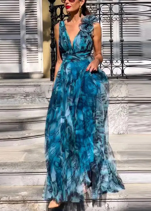 Abstract Print One Shoulder Floral Appliqué Deep V-Neck Maxi Gown - View 2