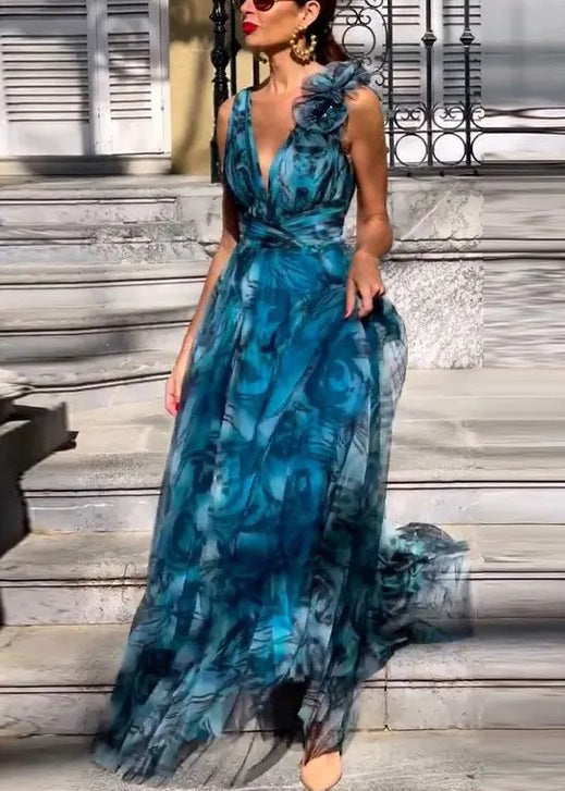 Abstract Print One Shoulder Floral Appliqué Deep V-Neck Maxi Gown - View 3